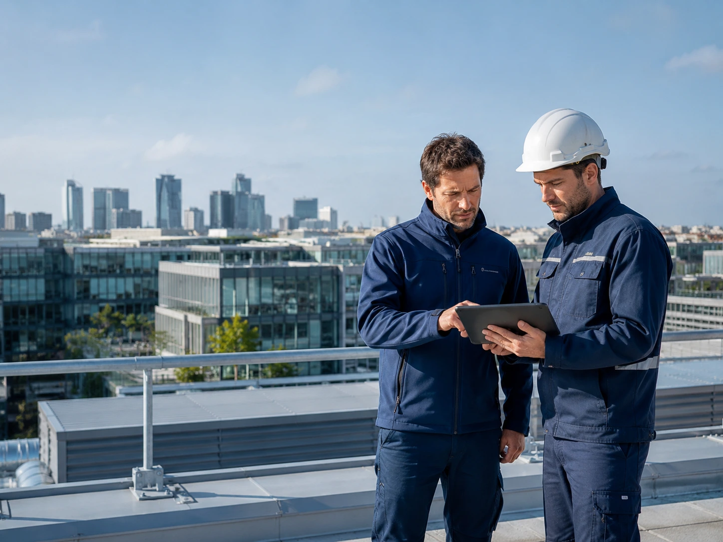 Deux techniciens GME France consultent une tablette sur un toit de bâtiment professionnel.